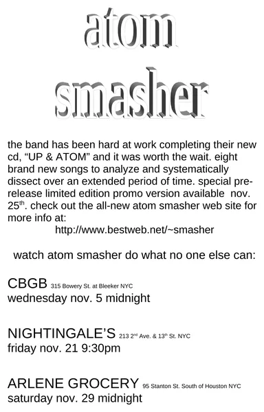 Atomsmasher flyer: November 1997, CBGB, Nightingale’s, Arlene Grocery