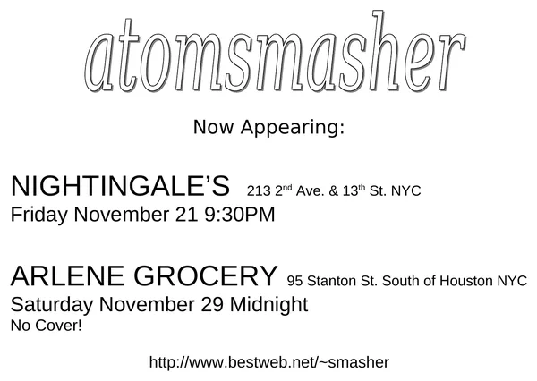 Atomsmasher flyer: November 1997, Nightingale’s, Arlene Grocery