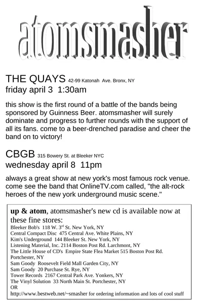 Atomsmasher flyer: April 1998, The Quays, CBGB