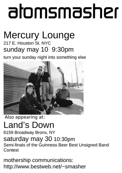 Atomsmasher flyer: May 1998, Mercury Lounge, Land’s Down