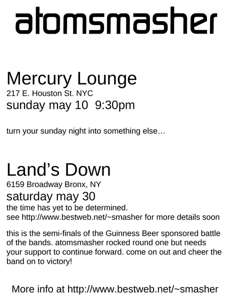 Atomsmasher flyer: May 1998, Mercury Lounge, Land’s Down