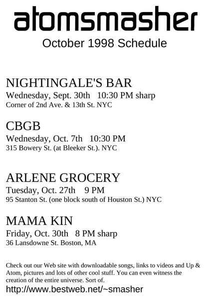 Atomsmasher flyer: October 1998, Nightingale’s, CBGB, Arlene Grocery, Mama Kin