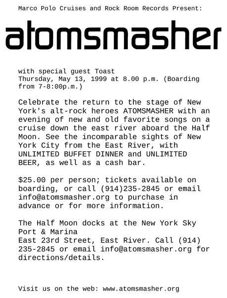Atomsmasher flyer: The Half Moon, May 13, 1999 · East River cruise
