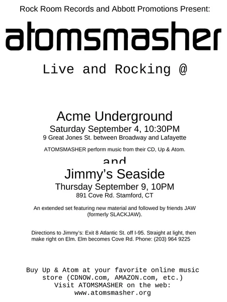 Atomsmasher flyer: September 1999, Acme Underground, Jimmy’s Seaside