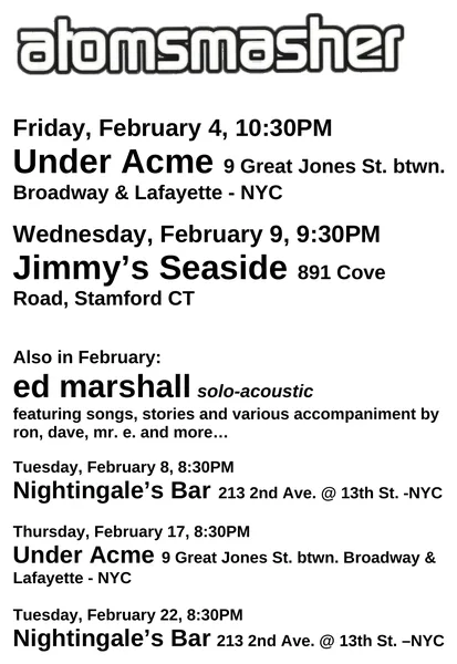 Atomsmasher flyer: February 2000, Under Acme, Jimmy’s Seaside and Ed’s solo nights
