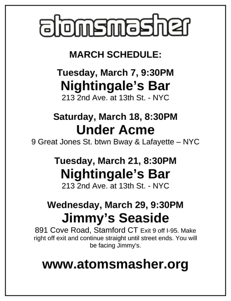 Atomsmasher flyer: March 2000, Under Acme, Jimmy’s Seaside and Ed’s solo nights