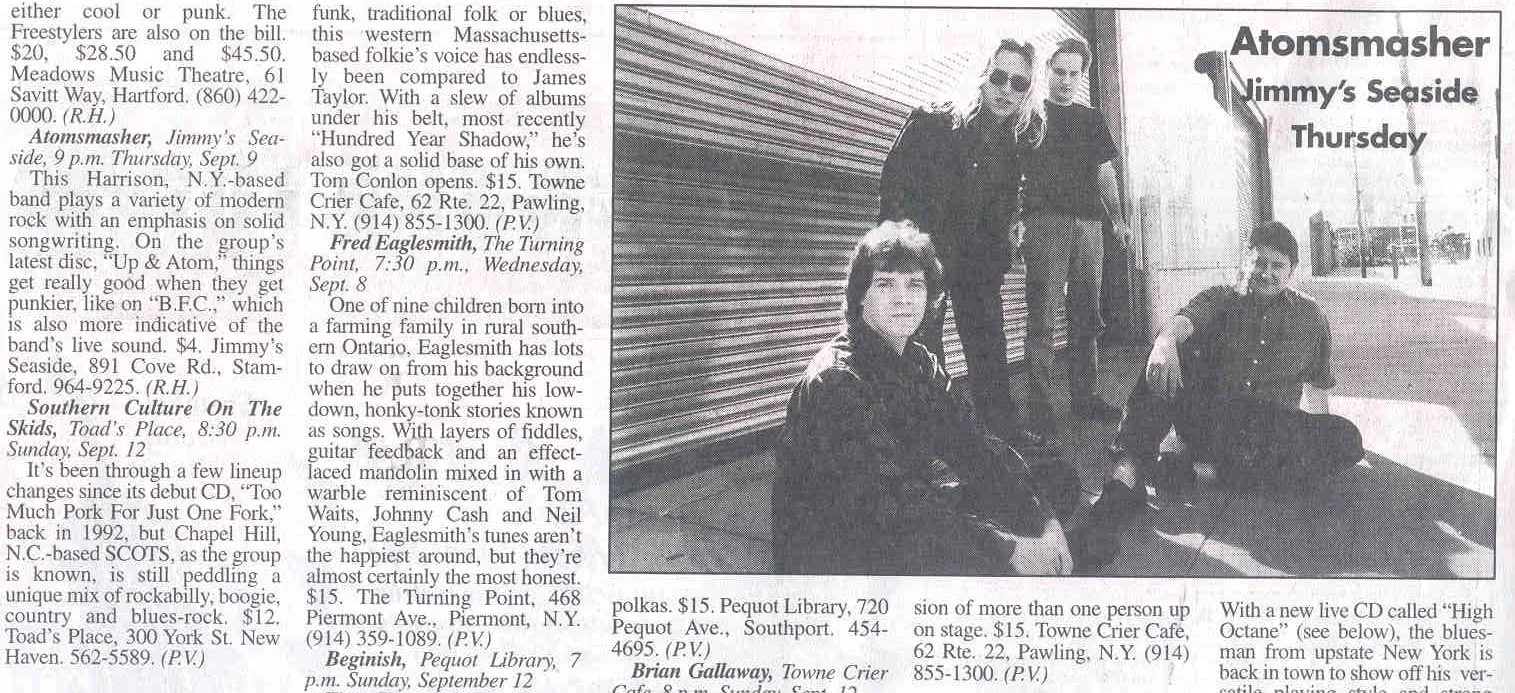 Stamford Advocate, September 1999: listing for Atomsmasher at Jimmy’s Seaside with a band photo